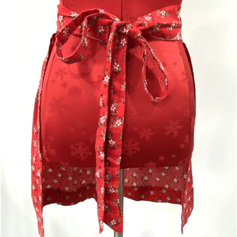 Vintage Handmade Half Apron Printed Cotton Farmhouse Red White Floral Pocket OS